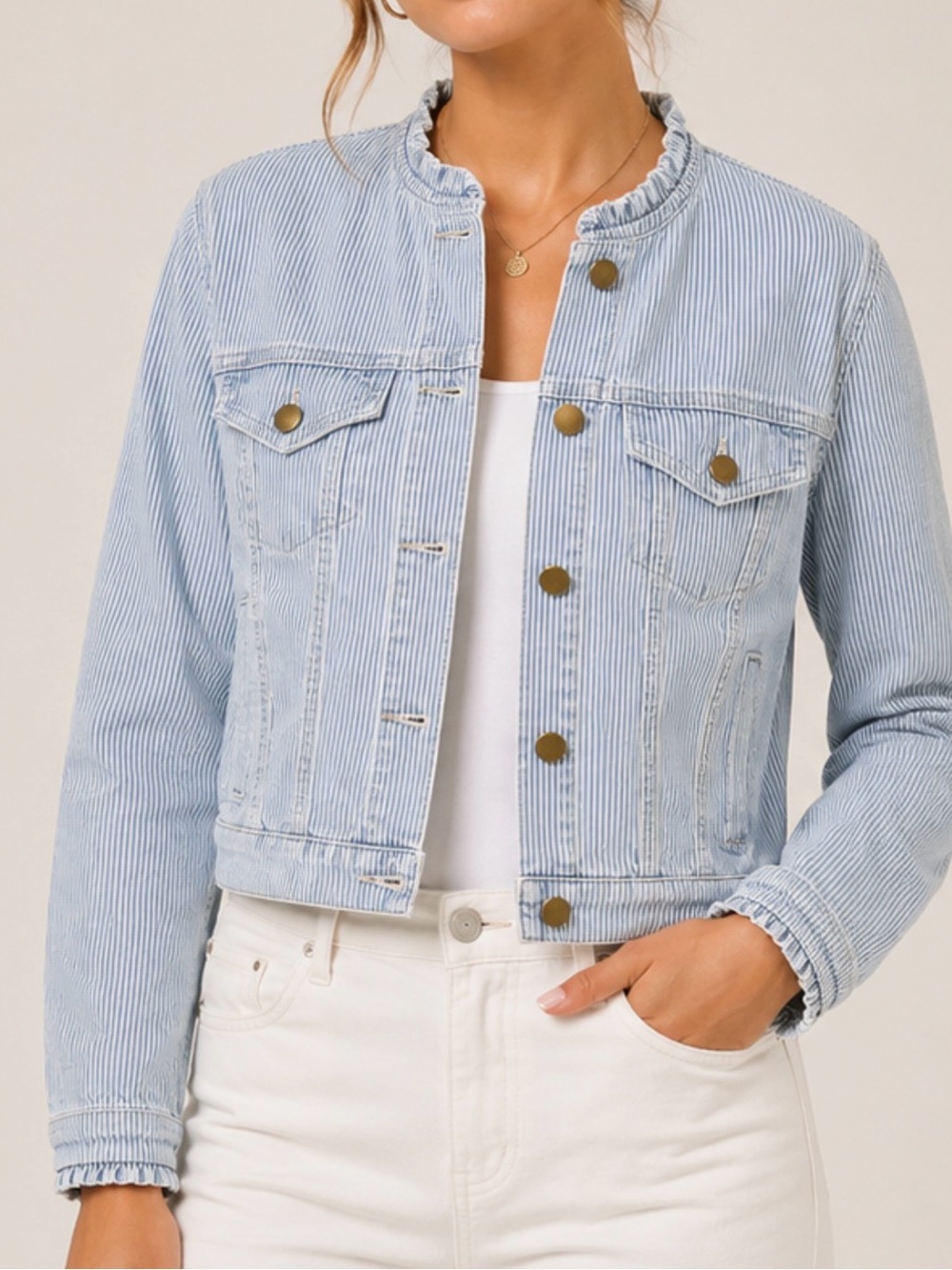 Draper James RSVP Ruffle Collar Hickory Stripe Denim Jacket Coastal Preppy